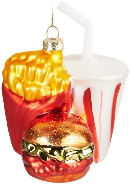 BRUBAKER Weihnachtsbaumkugel Fast Food Menü Weihnachtskugel aus Glas - Burger Pommes und Soft Drink (1 St), Christbaumschmuck Lustig - Deko Baumkugel Figur
