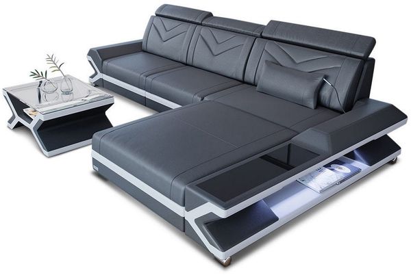 Ecksofa Napoli L Form aus Leder - Büffelleder - grau-weiß - Rechts