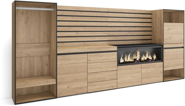Skraut Home | Sideboard, Kommode | Aufbewahrungsschrank | 334 x 145 x 35 cm | Für Schlafzimmer | Elektrokamin XXL | Kommode mit Schubladen | Schuhschrank | Offener Kleiderschrank | Moderner Stil | Eiche