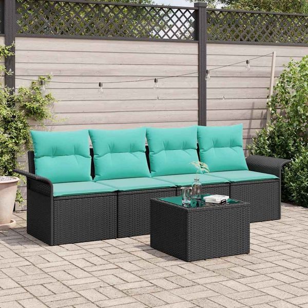 vidaXL Gartensofa-set mit Kissen 5 pcs Schwarz und Türkis Poly-Rattan 3353905