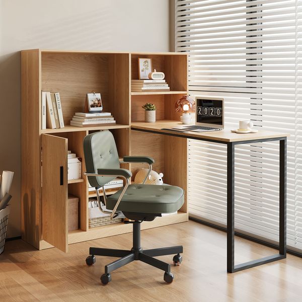 Flieks Büroschreibtisch 120 cm mit Regal & Stauraum, L-förmiger Computertisch mit Schrankfach, offenen Ablagen, Metallgestell, Natur