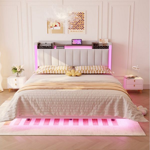 Merax Polsterbett mit LED-Beleuchtung und USB-Ladefunktion (Mehrzweckbett, 1-tlg), Schwebebett Doppelbett 140x200cm mit Kopfteil mit Stauraum,Leinenstoff