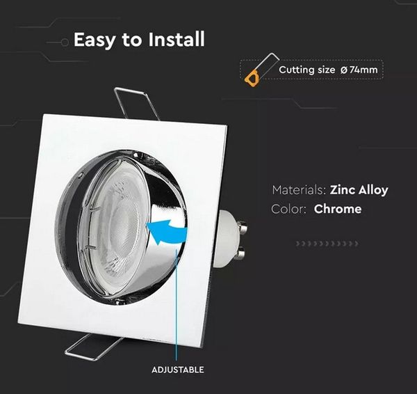 GTV LED Einbaustrahler Einbaurahmen Eckig Chrom - Eckig, Flach, Aluminium, Metalclip Befestig, GU10 Rahmen Chrom Maße 82x82 mm, Lochmaß Ø70mm