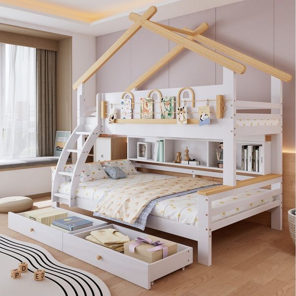 MODFU Etagenbett mit Rollschubladen (Kinderbett mit dekorativem Dach, vierstöckiger schräge Treppe, Stauraumbett 90x200 cm&120x200 cm), ohne Matratze
