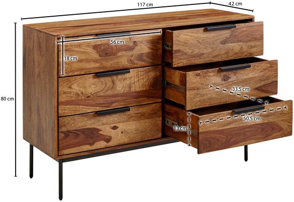 Kommode 117 x 80 x 42 cm Sheesham Massivholz / Metall Schubladenkommode, Industrial Sideboard Kommodenschrank Holz Modern, Standschrank Anrichte Wohnzimmer Bild 4