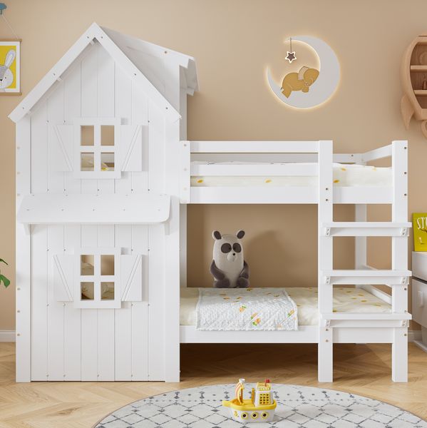 Bett Etagenbett 90x200 cm weiß mit Dach und Fenster, mit Sicherheitsgeländern und Leiter
