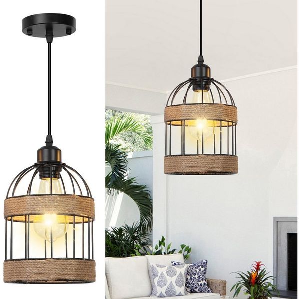 Rosnek LED Pendelleuchte 1-flammige Rattan Pendelleuchte, Boho Mini Kronleuchter, handgefertigt, Halogen, E27, Farmhouse Hängelampe für Küche, Insel, Bar, Flur & Schlafzimmer