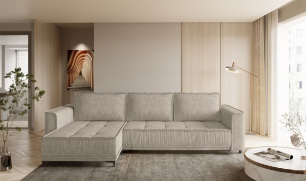 Ecksofa Schlafsofa Sofa JUNA Stoff Terra Beige Ottomane Links Bild 1