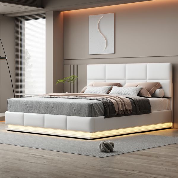 Polsterbett 180×200 mit LED-Beleuchtung, höhenverstellbarem Kopfteil, stabilem Metalllattenrost & modernem Kunstlederrahmen