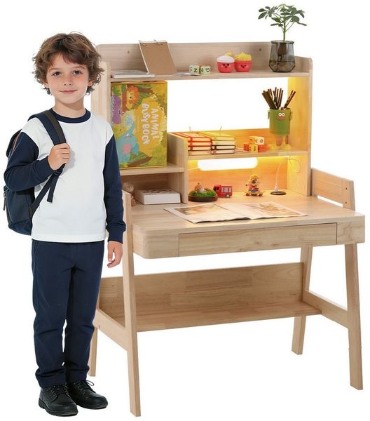 Flieks Kinderschreibtisch Höhenverstellbar, mit LED-Lichtleiste, USB-Anschluss & Schublade (B84/T60/H117-127 cm, 1-St, 1 Tisch), Multifunktionaler Schreibtisch aus Massivholz Naturfarben, ab 6 Jahren
