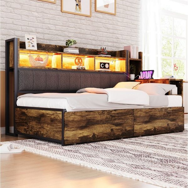 Flieks Daybett, Metallbett Kinderbett 90x200cm mit LED Aufladen Schubladen Klapptisch