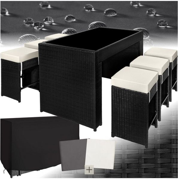 tectake Sitzgruppe Aluminium Rattan Barset mit Sicherheitsglasplatte, 2 Bezugssets, (Loungeset Ibiza, 7-tlg, für Außen in Schwarz), wetterfest und UV-beständig, Dicke der Sitzpolster 10 cm, pflegeleicht