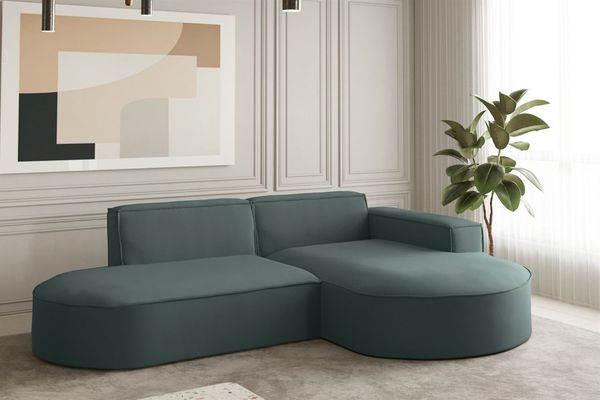 Ecksofa Designersofa PALMA XS in Stoff Opera Velvet Opalgrün Ottomane Rechts