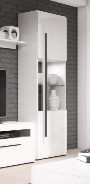 Vitrinenschrank weiß Hochglanz TURDA-83 mit LED Beleuchtung und Absetzungen in schwarz, B/H/T: ca. 60/204/39 cm