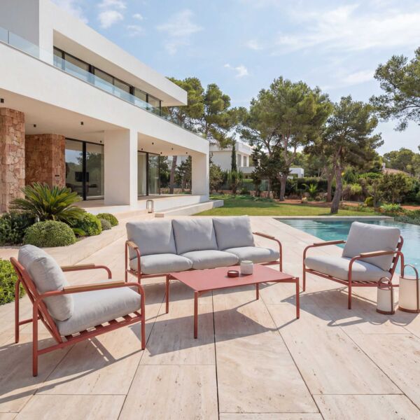 Aluminium-Gartengarnitur HWC-O11, Outdoor 3-Sitzer Sitzbank Sessel Sofa, Olefin (205 g/m²) ~ terrakotta Polster beige