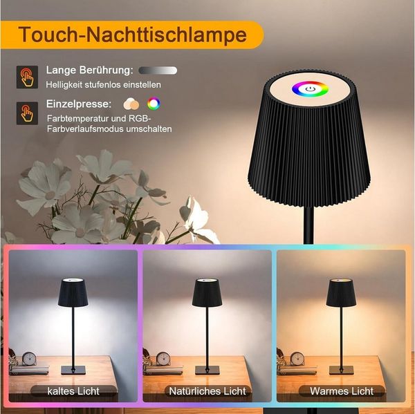 skelo LED Tischleuchte Tischlampe Kabellos Touch Dimmbar RGB 3 Farbtemperatur Nachttischlampe, Wiederaufladbare Tischlampe mit Farbwechsel, Akku Tischlampe Aufladbar, RGB & 3 Farbtemperatur, Warmlicht 3000K, Naturlicht 4000K, Kaltlicht 6500K, RGB-Licht...