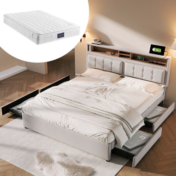 Polsterbett 160x200 cm mit Stauraum und verstellbarem Kopfteil, Leinenbezug in Hellbeige, mit USB- und Type-C-Anschlüssen
