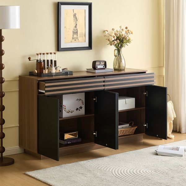 Sideboard 150 cm mit Schubladen und Türen, Stauraumschrank in Holzoptik Braun Schwarz, Kommode