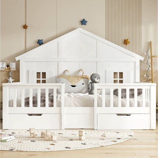 REDOM Kinderbett zwei große Schubladen auf Rollen, stabiler Lattenrost (mit Dach und Fensterdesign, Holzbett Funktionsbett, 90x200cm), ohne Matratze