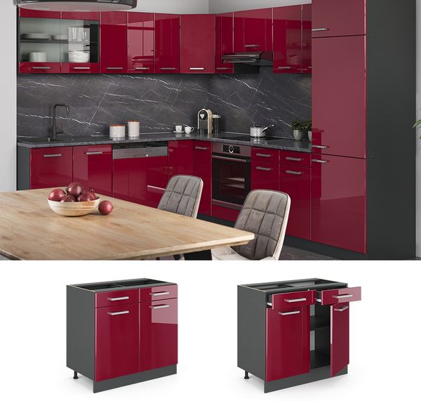 Küchenunterschrank R-Line Rot Hochglanz 80 cm AP Marmor Vicco Bild 2