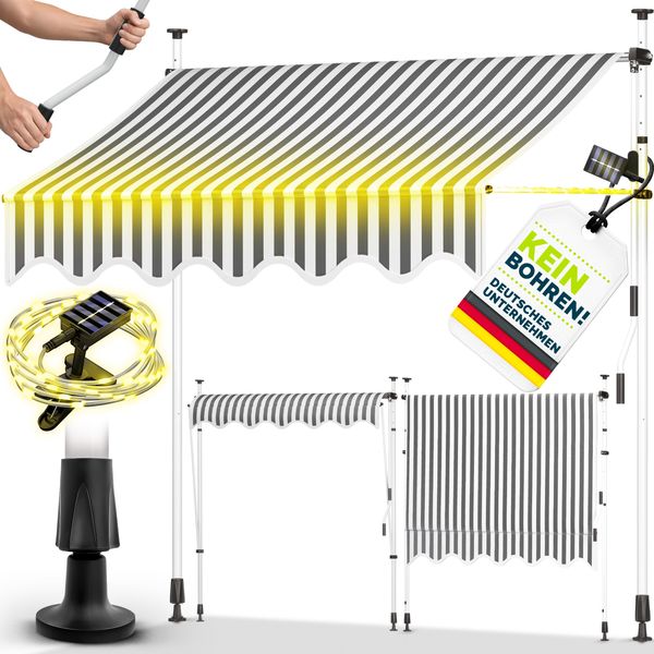 tillvex Klemmmarkise 300 cm Grau/Weiß mit LED mit Handkurbel Balkon | Balkonmarkise ohne Bohren | Markise UV-beständig & höhenverstellbar | Sonnenschutz wasserdicht