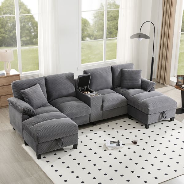 U-Form Sofa aus Cord mit Stauraum & USB-Anschluss, 293x142x93 cm, Grau
