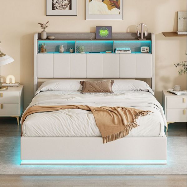 FUROKOY Polsterbett Stauraumbett mit hydraulischem Stauraum, Jugendbett 140x190cm,Weiß,Kopfteil mit Aufbewahrungsfach
