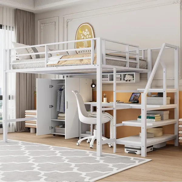 Hochbett mit Regal, Treppe, Rausfallschutz, Kleiderschrank und Schreibtisch, 140x200 cm, Metallbett, Kiefer