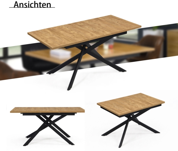 B&D home Esstisch YORRICK | ausziehbar 120-160x80 cm, 4-6 Personen Kreuzgestell schwarz für Küche, Esszimmer | industrial | Wildeiche Optik Bild 6