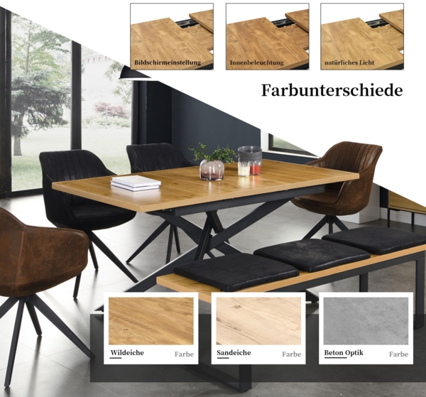 B&D home Esstisch YORRICK | ausziehbar 120-160x80 cm, 4-6 Personen Kreuzgestell schwarz für Küche, Esszimmer | industrial | Wildeiche Optik Bild 7