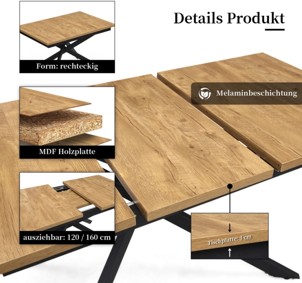 B&D home Esstisch YORRICK | ausziehbar 120-160x80 cm, 4-6 Personen Kreuzgestell schwarz für Küche, Esszimmer | industrial | Wildeiche Optik Bild 4