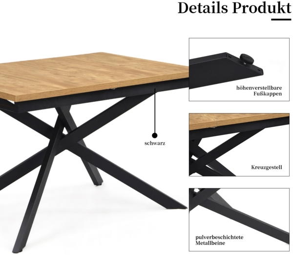 B&D home Esstisch YORRICK | ausziehbar 120-160x80 cm, 4-6 Personen Kreuzgestell schwarz für Küche, Esszimmer | industrial | Wildeiche Optik Bild 5
