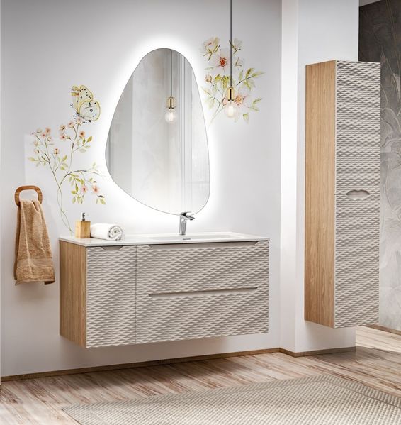 Badmöbel Set 4-tlg Badezimmerset LAXY Eiche Beige Regal links inkl. Waschtisch