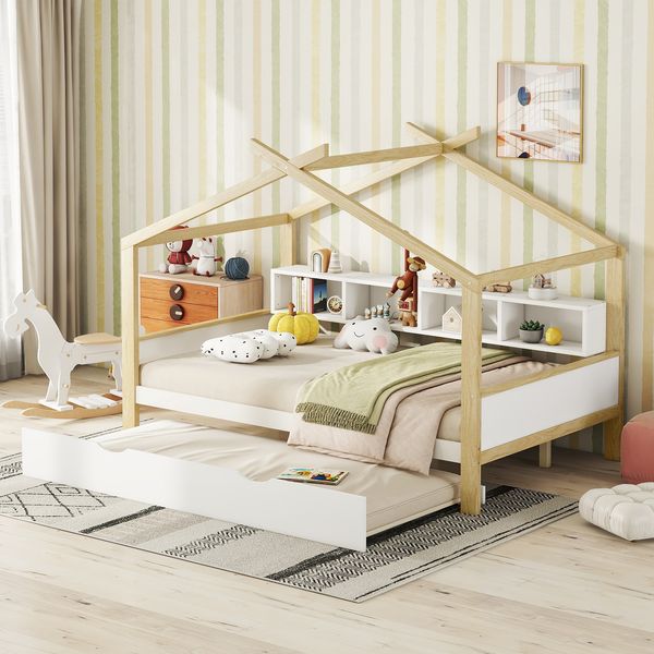 140x200cm Hausbett, Kinderbett, ausgestattet mit Ausziehbett, vier Staufächern, weiß