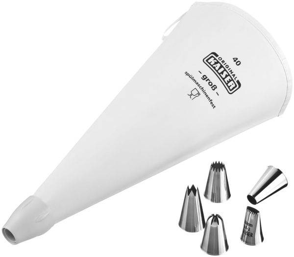 Original Kaiser La Forme Plus Spritzbeutel Set 7-teilig, Spritzbeutel wiederverwendbar groß mit Tüllen, Adapterund 5 Spritztüllen, kochfest, Schneidehilfslinie, Weiß /Silber