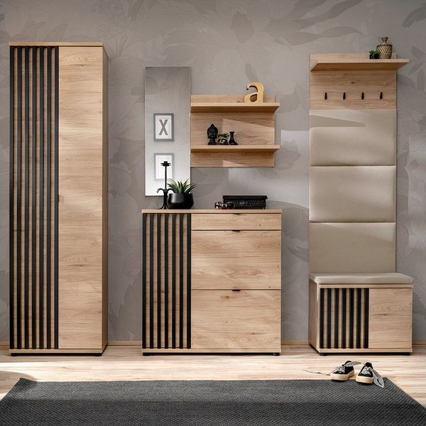 Lomadox Garderoben-Set POLICORO-164, (Spar-Set, 5-St, Garderobenschrank Spiegel Schuhschrank Garderobenpaneel Flurbank), Flurgarderobe, Kastanienholz mit schwarzen Lamellen, inkl. Sitzpolster