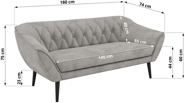 Sofa, Wohnzimmersofa PIRS 3, Skandinavisches Sofa 3-Sitzer, Sofa mit Wellenfederung, schwarze Füße, Breite 180 cm Hoher Sitzkomfort - Hellgrau Velvet Bild 5