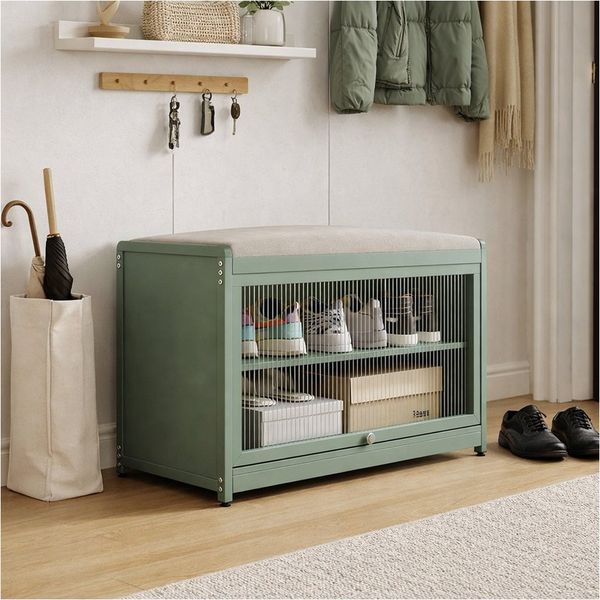 HTI-Living Schuhschrank mit Schiebetür und Sitzkissen Grün (1 Stück, 1-St, 1 Schuhschrank mit Sitzkissen) Sitzkissen mit Polyesterbezug in Leinenoptik
