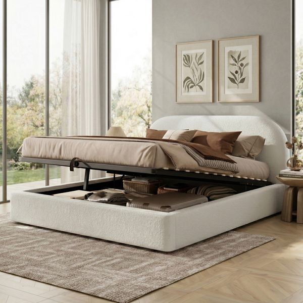 Merax Polsterbett, Doppelbett, 160 x 200cm, hydraulisches Funktionsbett,Bett mit Lattenrost, Kopfteil und großem Stauraum, gepolstertes Kopfteil, Beige Bouclé