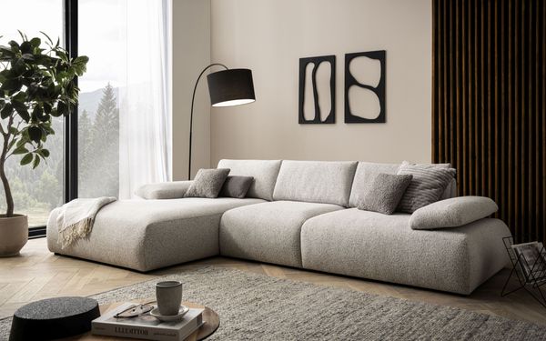 DOMO. collection Ecksofa 800 016, Sofa in L-Form mit Armlehnfunktion und Taschenfederkern, Eckcouch, Modulsofa 324 x 188 x 80 cm (BxTxH), beige-schwarz