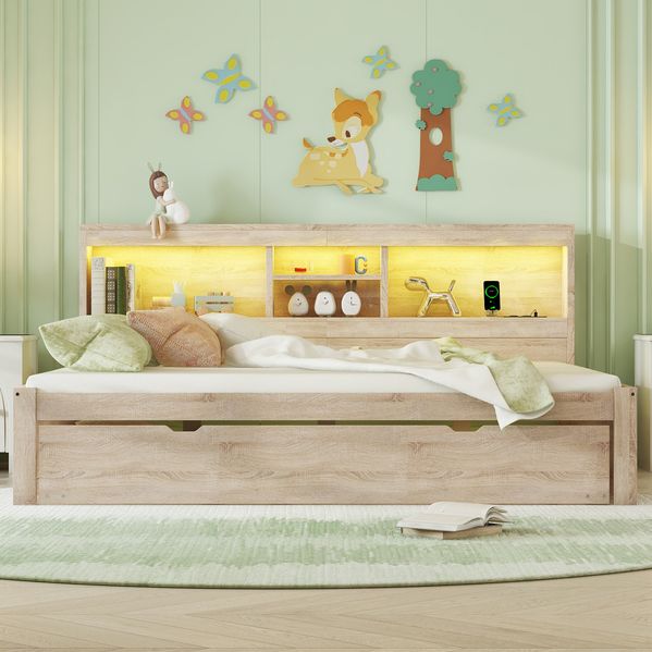 Bett 140x200 cm mit Ausziehfunktion, LED-Beleuchtung und Stauraum – platzsparendes Daybett in Natur
