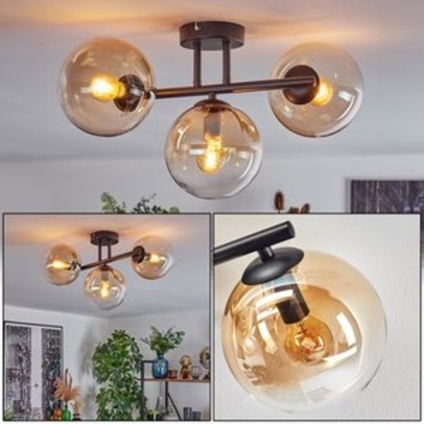 hofstein Deckenleuchte Deckenlampe aus Metall/Glas in Schwarz/Bernsteinfarben/Klar, ohne Leuchtmittel, Leuchte im Retro/Vintage-Design mit Glasschirmen (15 cm), 3 x E14 Bild 6