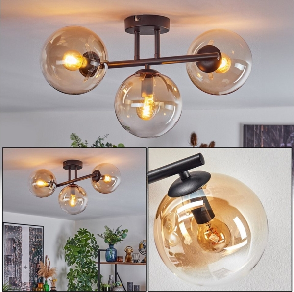 hofstein Deckenleuchte Deckenlampe aus Metall/Glas in Schwarz/Bernsteinfarben/Klar, ohne Leuchtmittel, Leuchte im Retro/Vintage-Design mit Glasschirmen (15 cm), 3 x E14 Bild 1