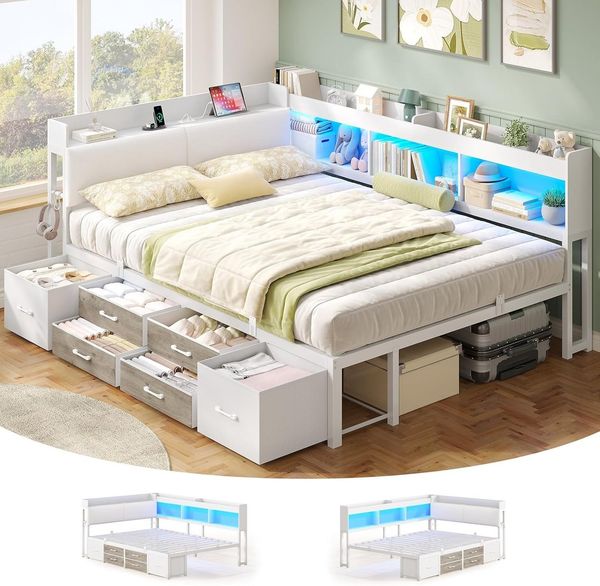 MSMASK Daybett Tagesbett Schlafsofa mit LED-Beleuchtung & Ladestation, Jugendbett mit 6 Staufächern und 6 Schubladen – Liegefläche 140x200 cm
