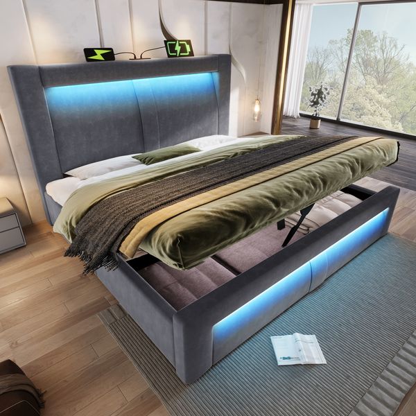 Polsterbett, Samt mit Stauraum, LED & USB-Anschluss, 160x200 cm, Grau, ohne Matratze