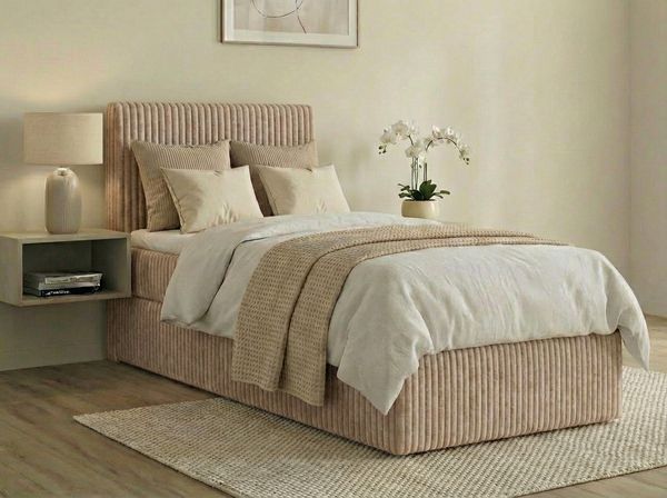Boxspringbett RALFI 100 x 200 cm (Rechte Seit) mit Bettkästen, Bonell-Matratze H2 und Visco-Topper. Farbe: Beige