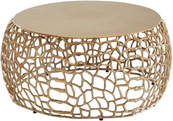 Couchtisch Metall Gold 66 x 66 x 30 cm Sofatisch Aluminium Rund, Design Wohnzimmertisch mit Ast-Struktur, Kleiner Kaffeetisch Modern, Beistelltisch Anstelltisch Wohnzimmer
