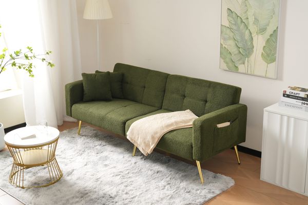 Elegantes Schlafsofa mit Lammwollstoff, verstellbarer Rückenlehne, Holzrahmen, Seitentaschen und goldenen Beinen,Antikgrün