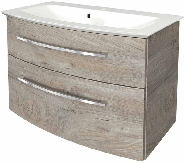 FACKELMANN B.STYLE Waschbecken mit Unterschrank 83 cm breit, Braun hell, Waschbecken Gussmarmor Weiß