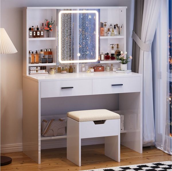 HOMALL Schminktisch Schminktisch mit Spiegel und LED 2 Schubladen und 6 Ablagefächer (Dreifarbiges Einbau-Lichtband mit Unterbau-Tretplatte Kostengünstige Wahl)